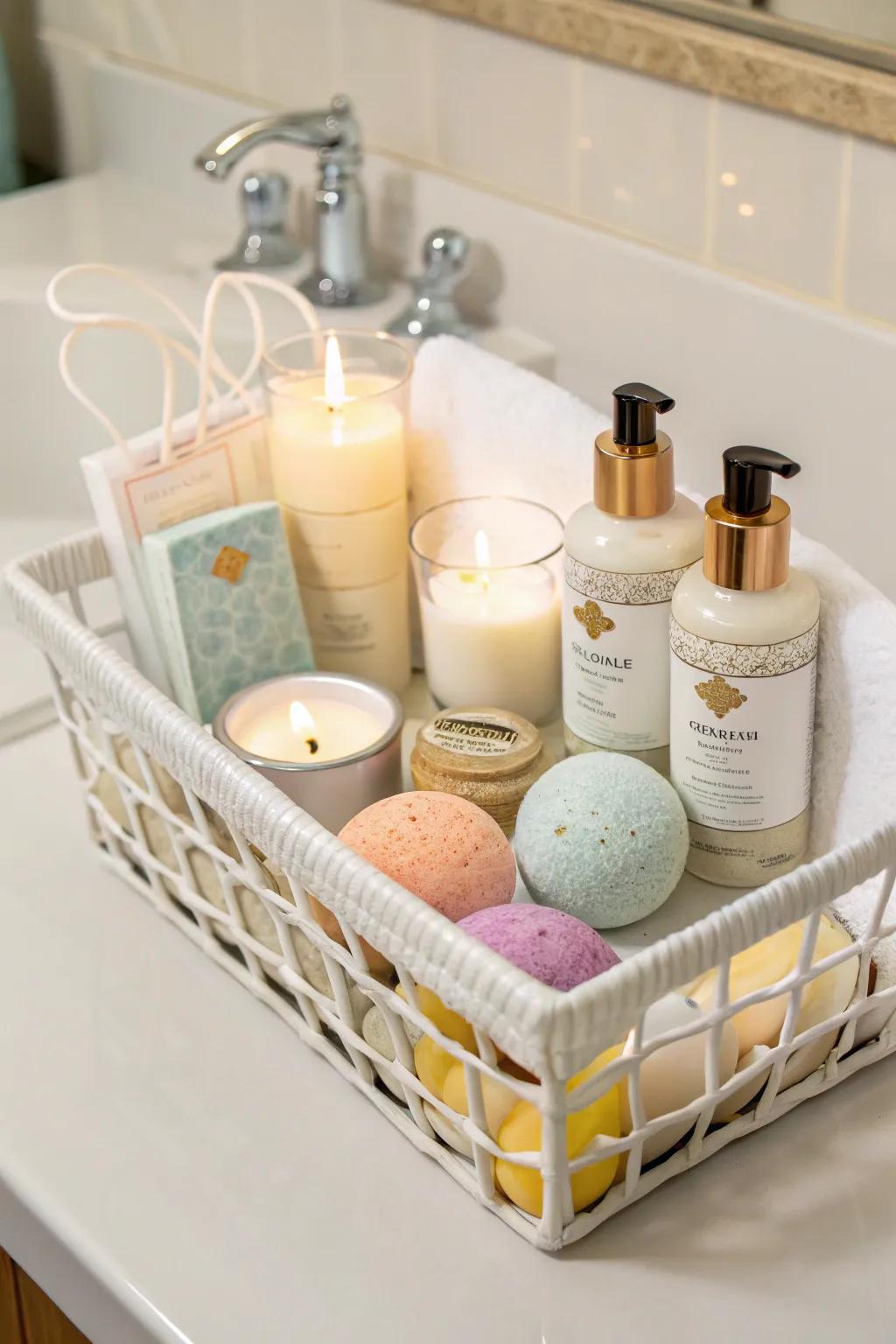 A serene spa-themed white gift basket offering relaxation and tranquility.