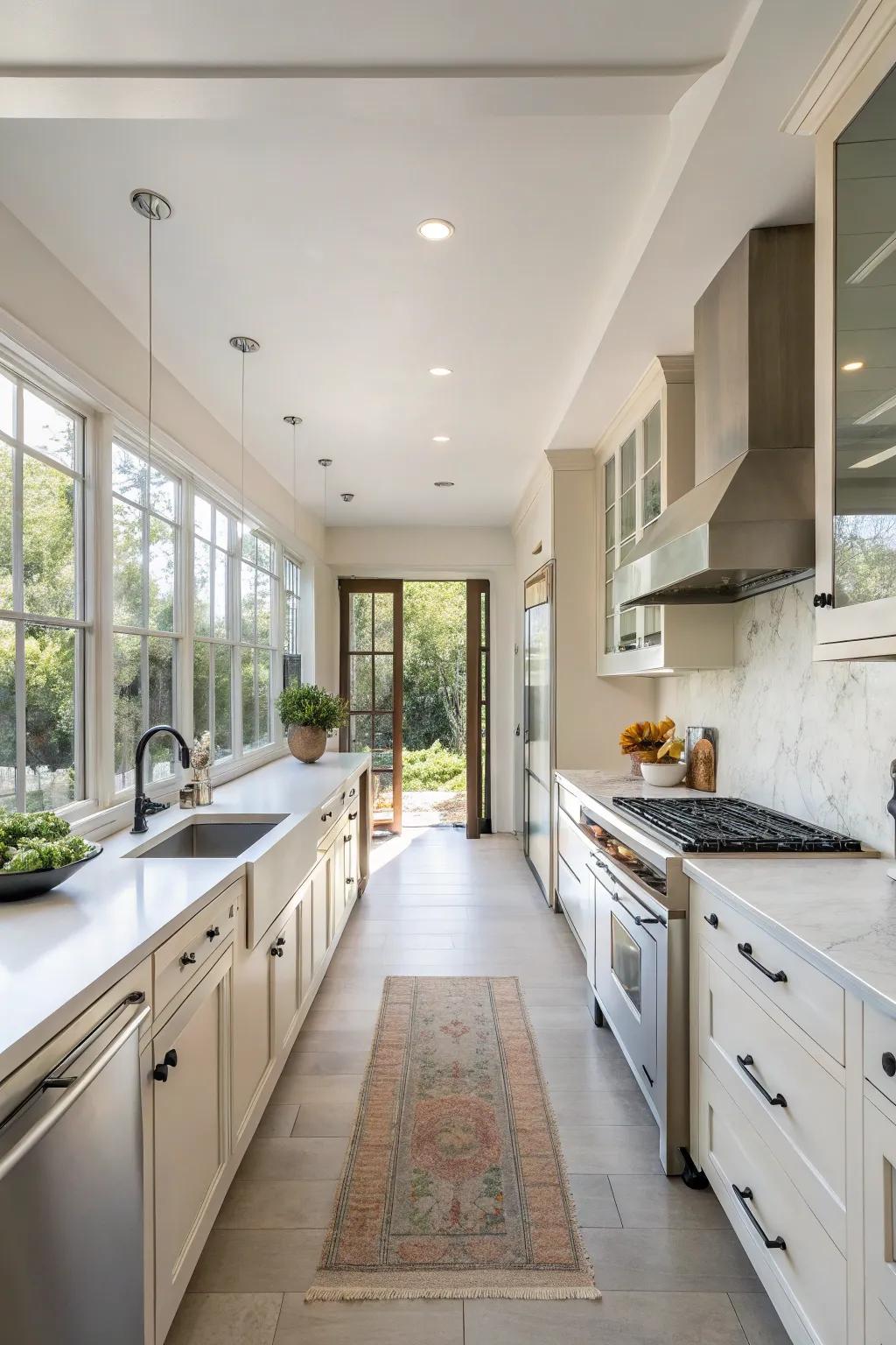 A spacious galley kitchen boasting airy expanses and a minimalist aesthetic.