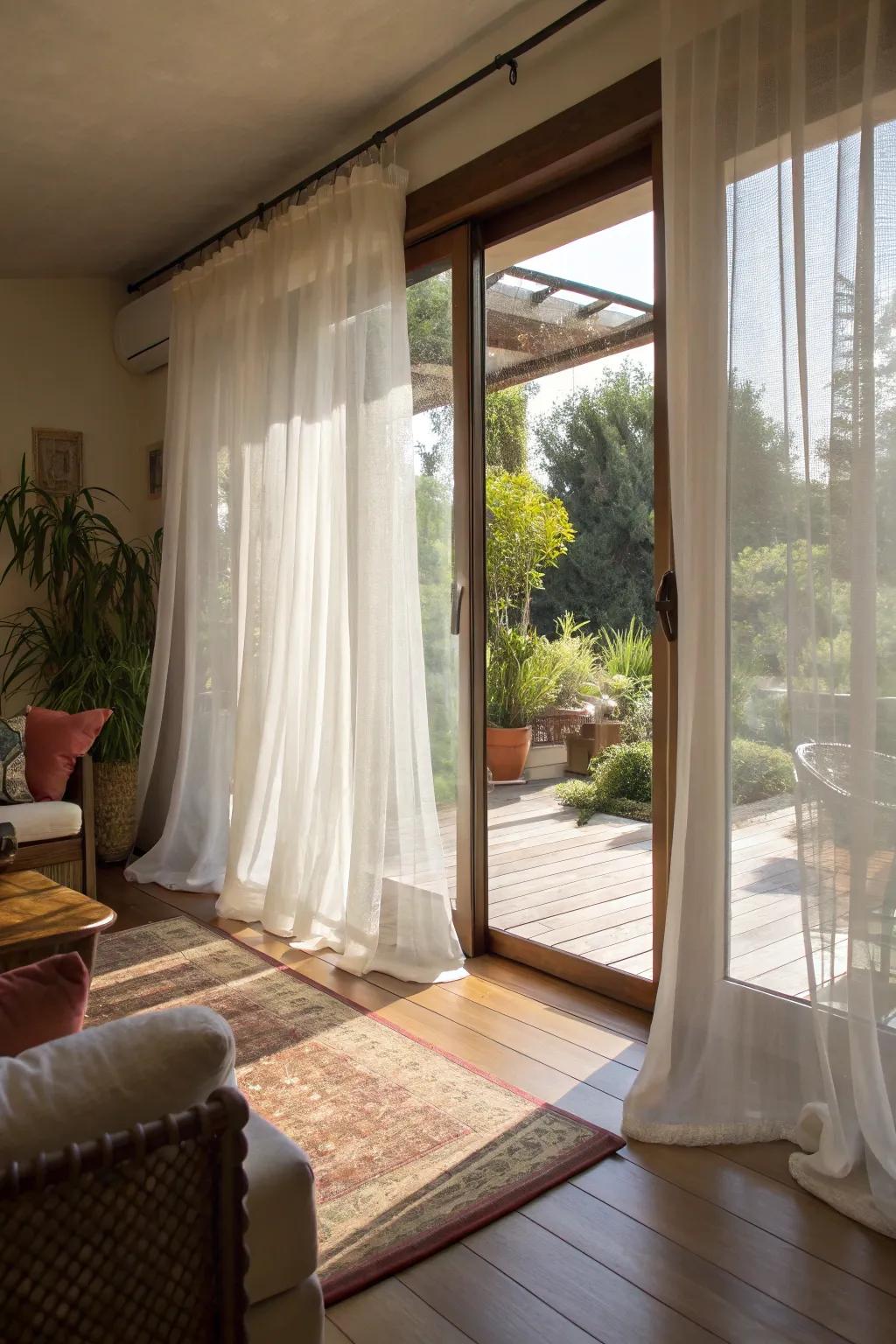 Sheer curtains offering a breezy and light-filled atmosphere to the living room