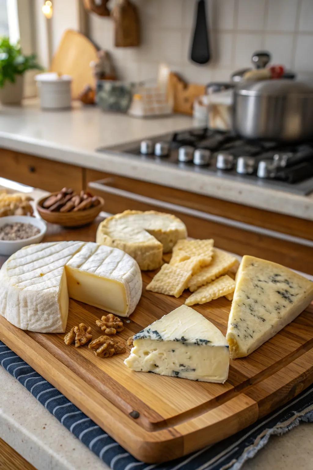 A tempting assortment of cheeses ready to be enjoyed.