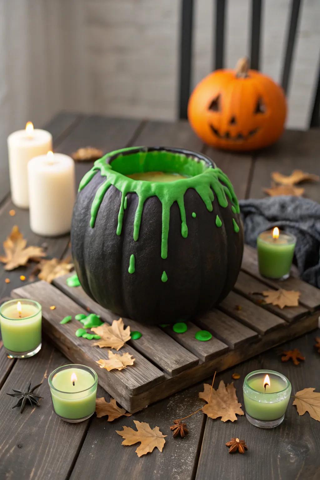 Pumpkin cauldron with bubbling green foam effect.