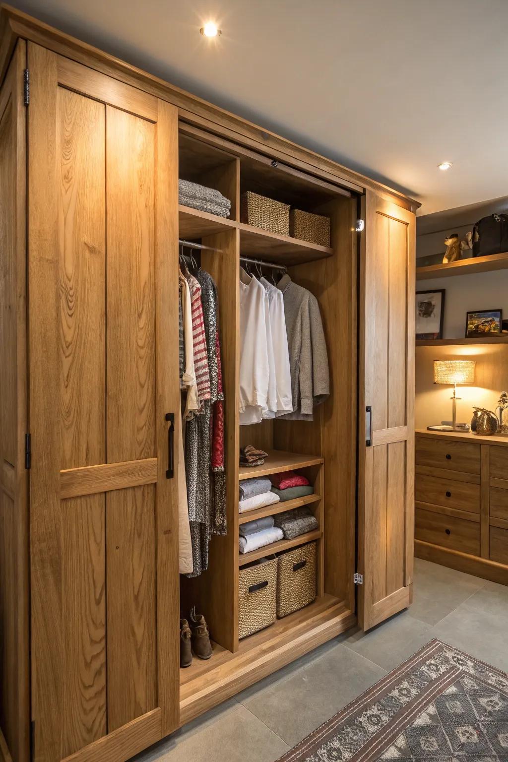 A closet that truly honors the innate beauty found in natural wood textures.