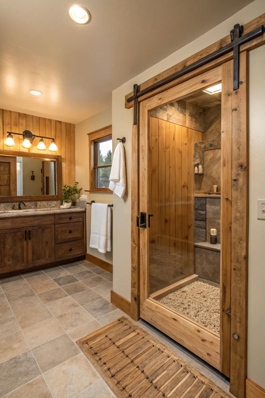 Bring a touch of the country to your bathroom with a sturdy wood framed shower door.