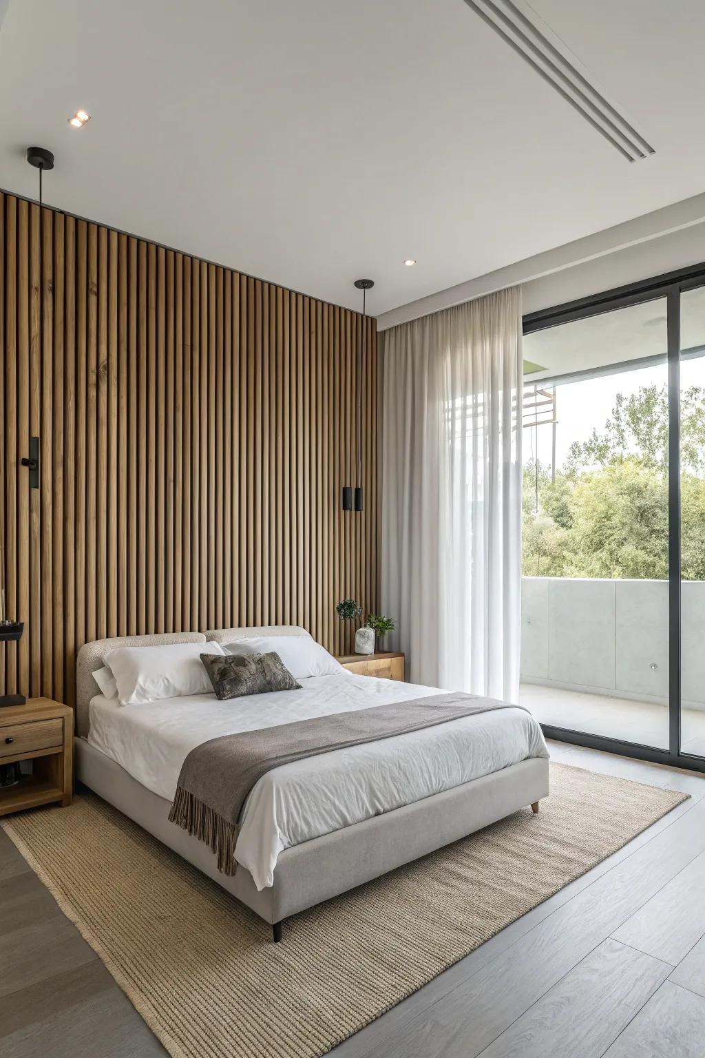 Create a sense of height and elegance with vertical wood slats.