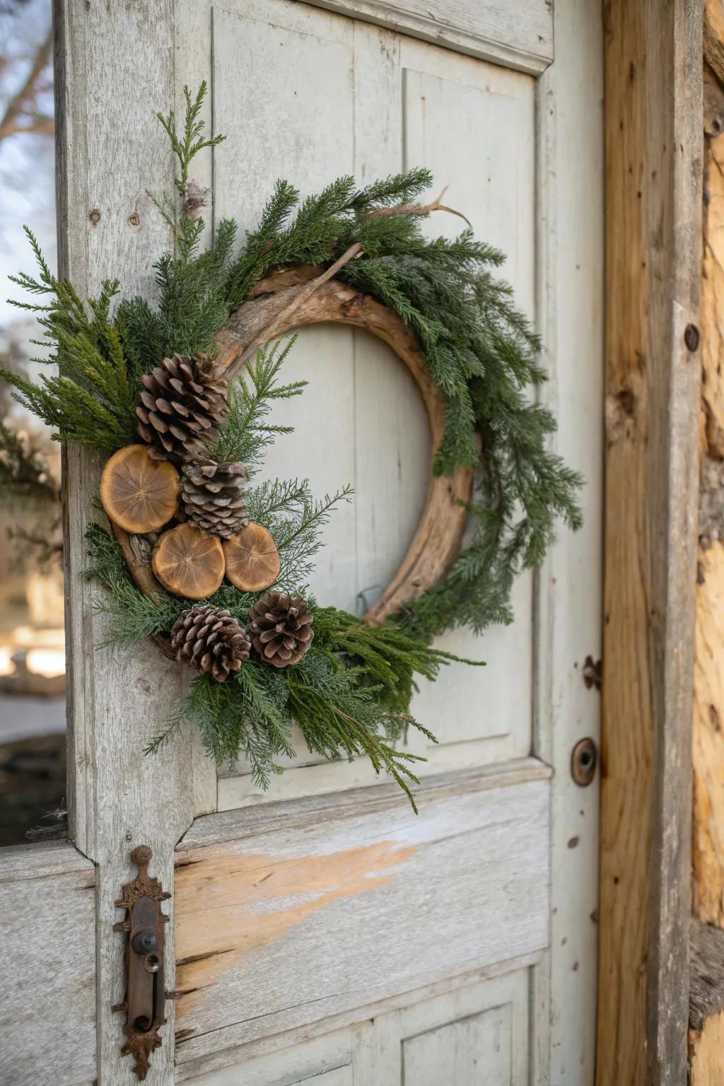 Timeless evergreen and wooden circle wreath for classic charm.