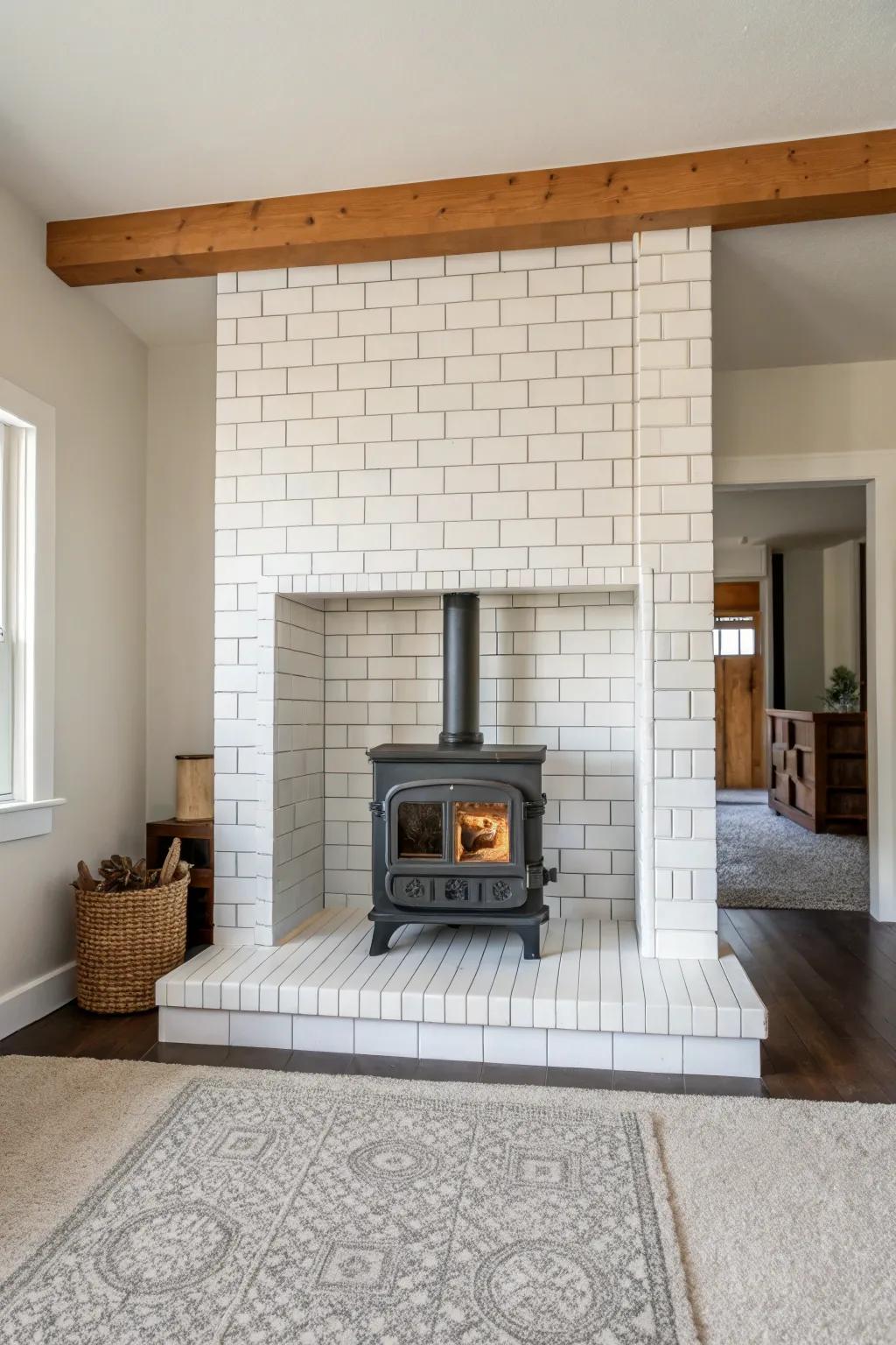 A minimalist tile surround crafts a tranquil and contemporary aesthetic for your wood heater.