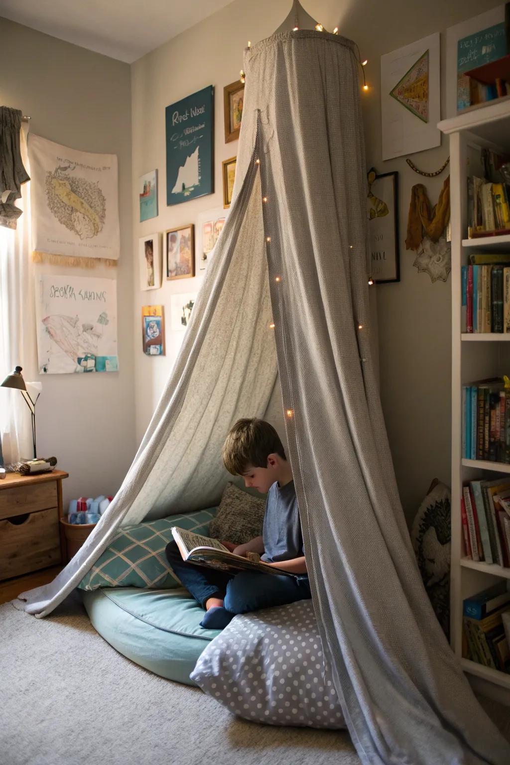 A DIY canopy transforms a corner into a cozy reading hideaway.