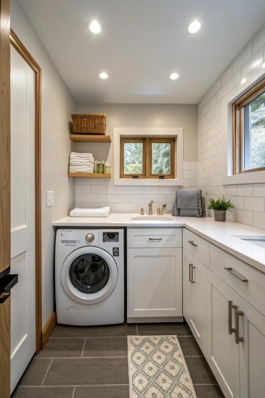 Integrated laundry spot within the bathroom for a two-in-one design.