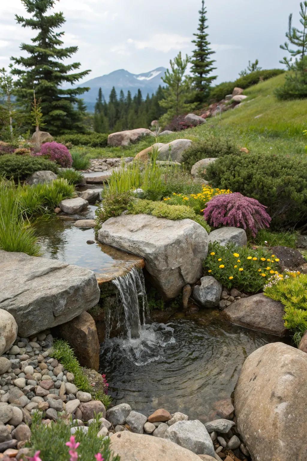 A calming water feature nestled in an alpine setting.