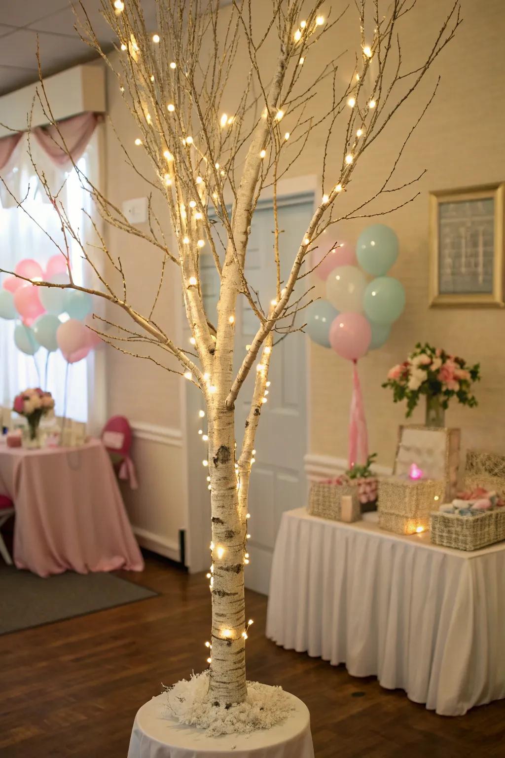 A lighted birch tree with twinkling lights.