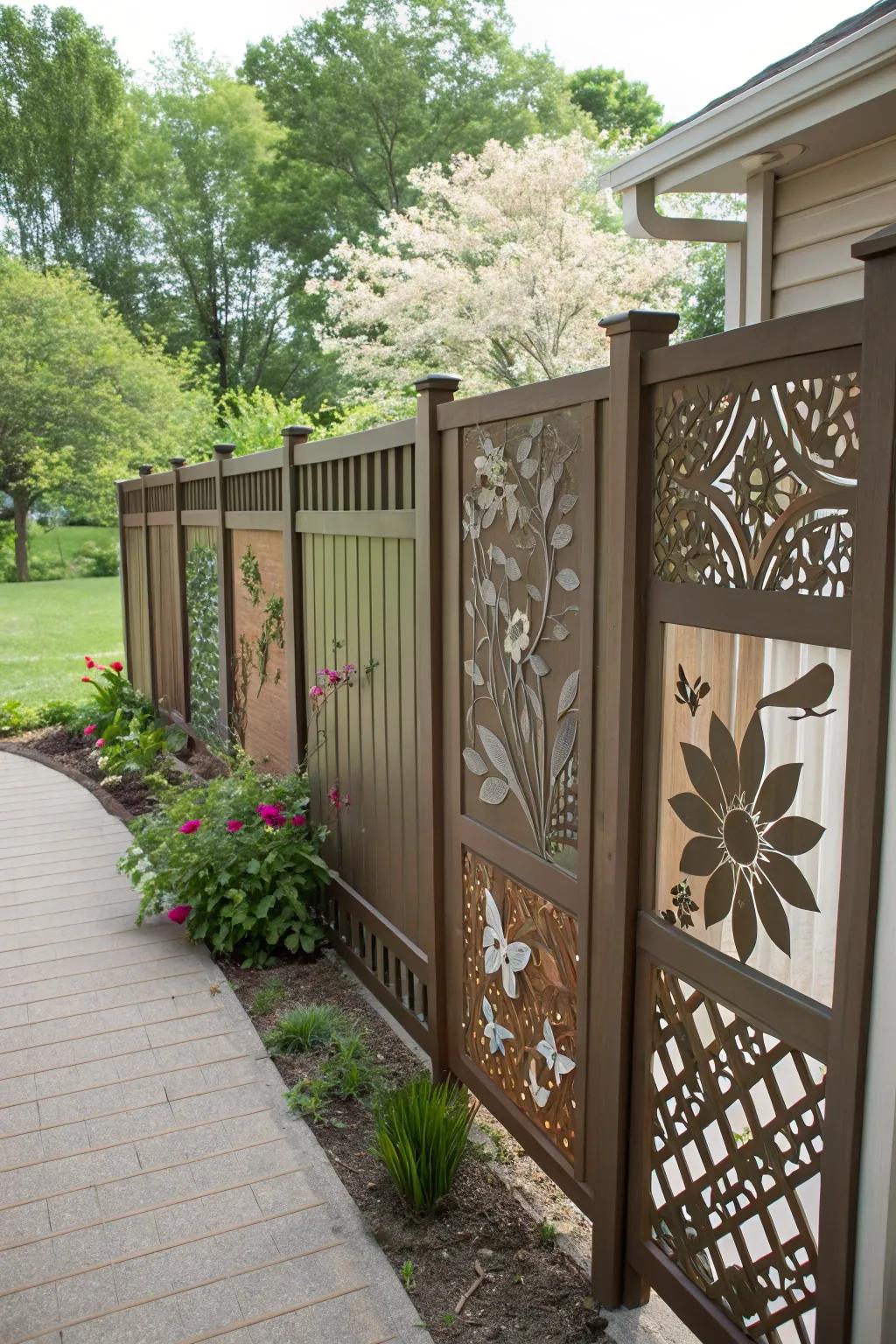 Decorative panels add whimsy and artistic flair to the fence.