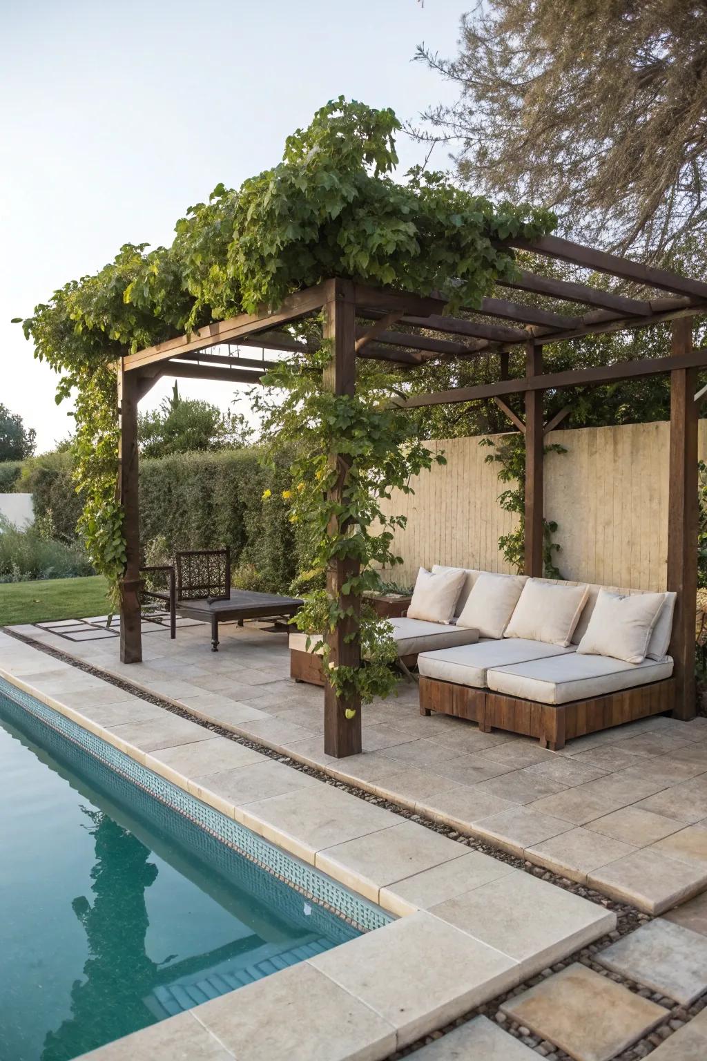 Comfortable seating transforms a pergola into a lounge haven.