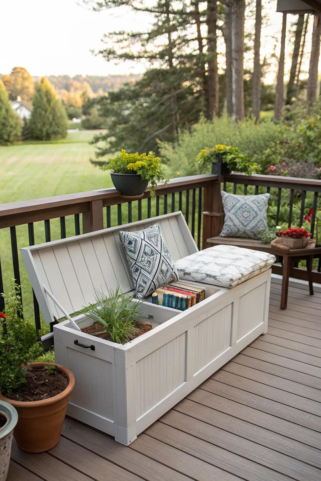 Storage solutions help keep your deck organized and tidy.