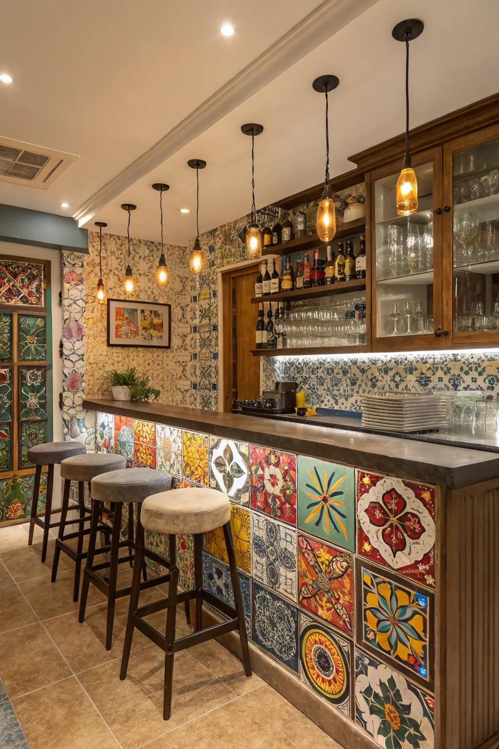 Eclectic mosaic tiles inject a tailored and vibrant touch.
