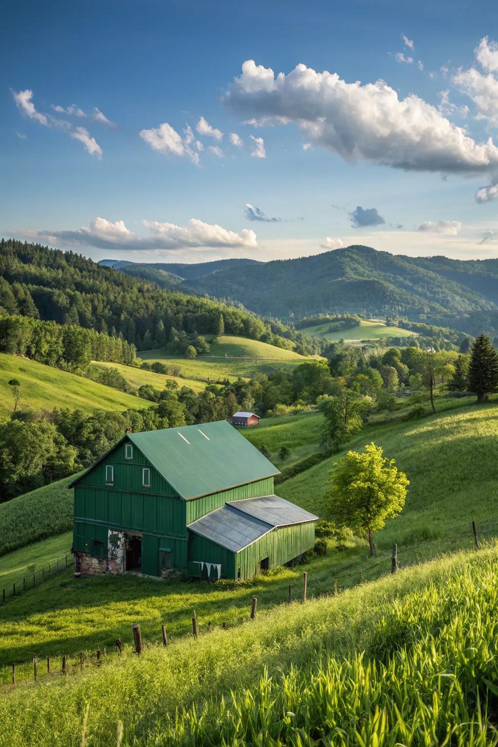 A serene green barn that harmonizes with its natural environment.