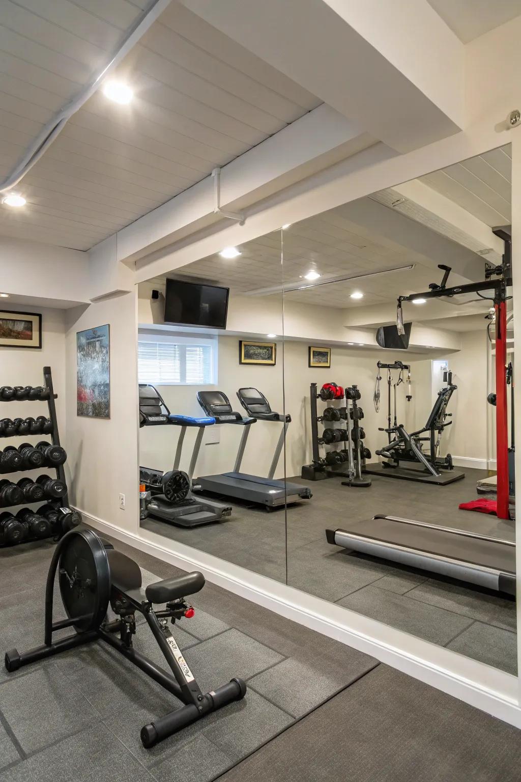 A well-equipped basement home gym with mirrors.