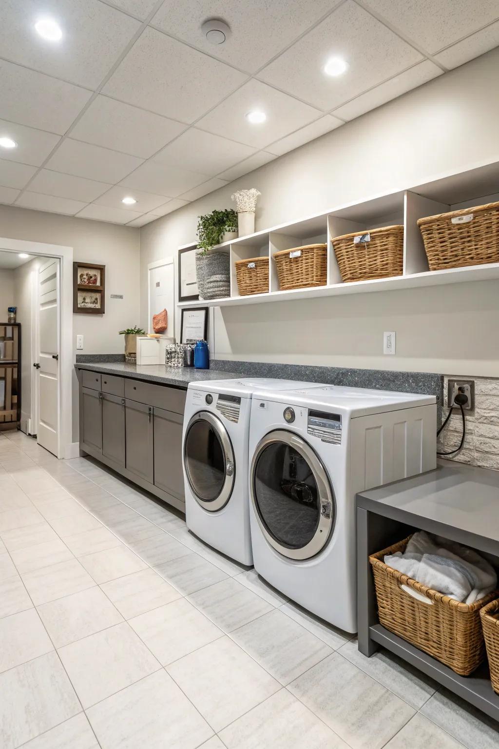 A functional laundry room in the basement with modern appliances and ample storage.