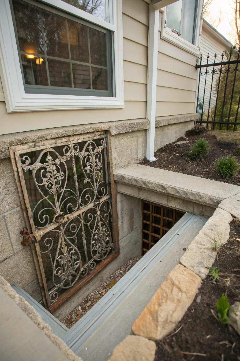 An ornate grate adding elegance and security to a window well.
