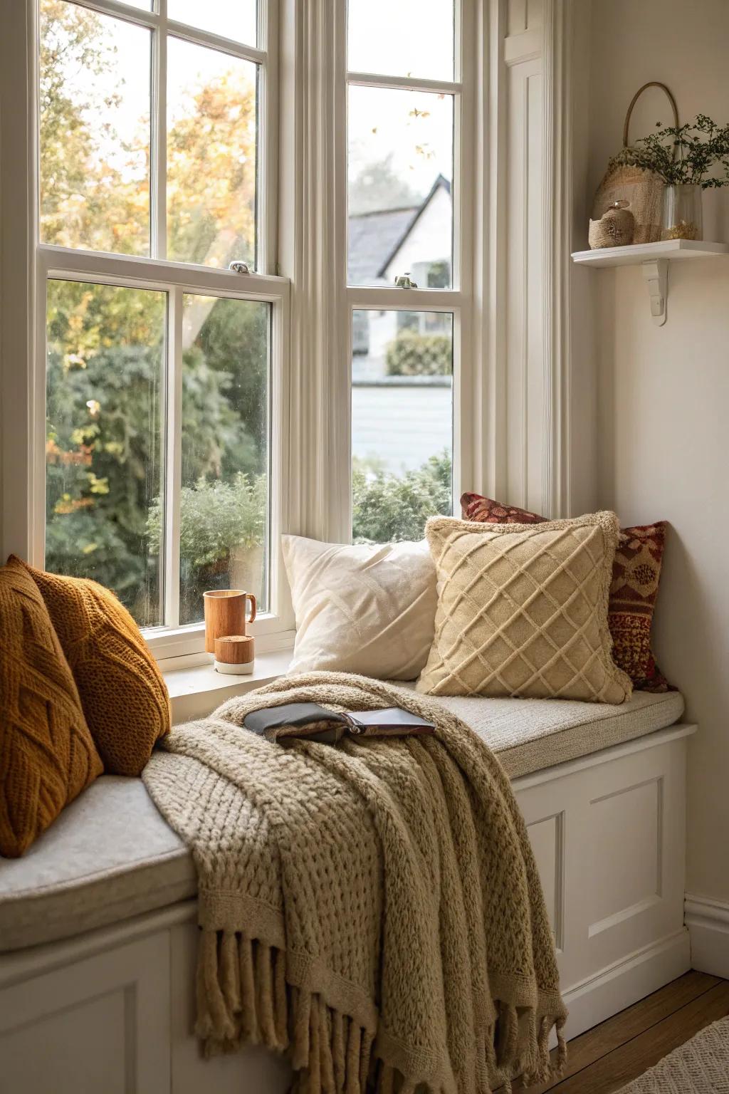 Knitted cushions add warmth and texture to your bay window seat.