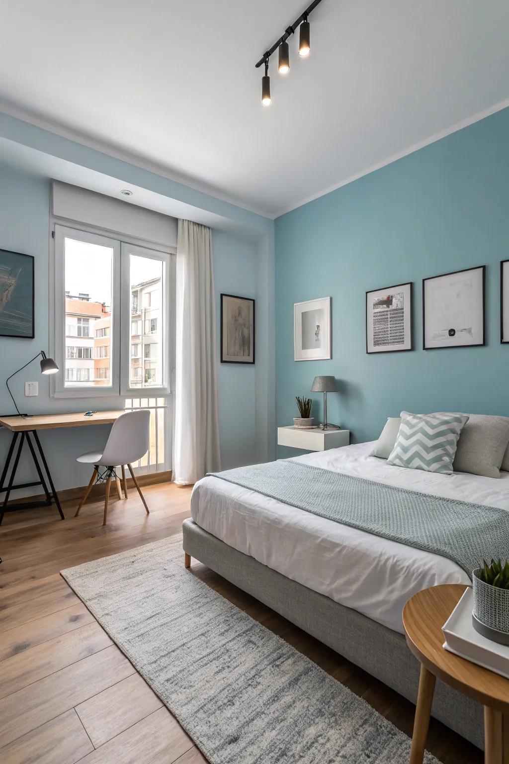 A crisp and tidy sleeping quarter featuring icy blue walls for a refreshing and modern impression.