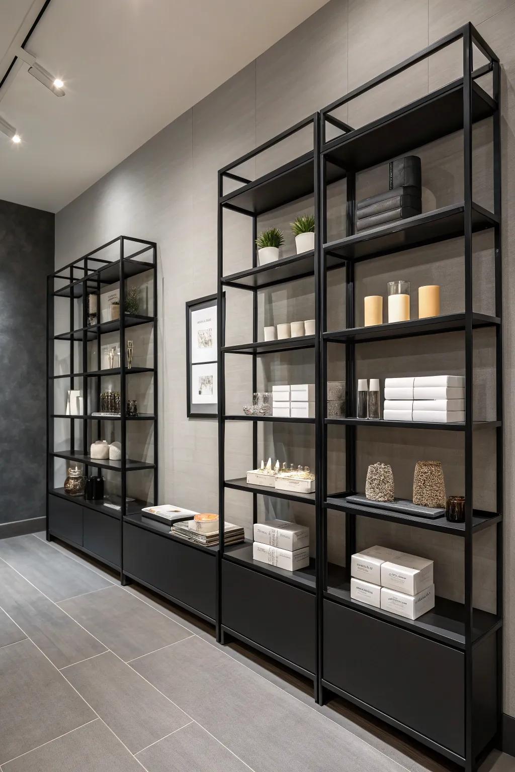 A room with sleek black shelving against grey walls for a modern look.