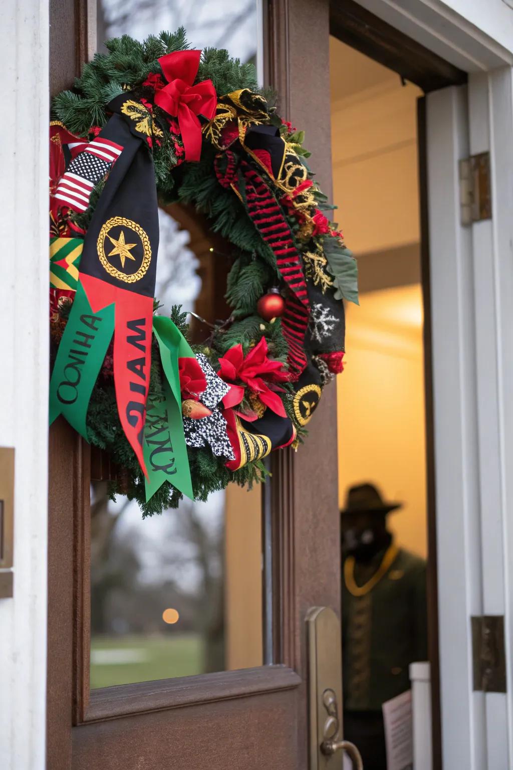 A wreath celebrating Black heritage adds a welcoming touch.