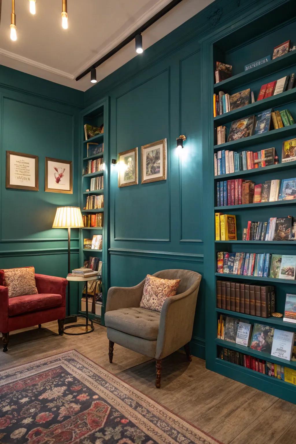 Bold teal walls providing a striking backdrop for books.