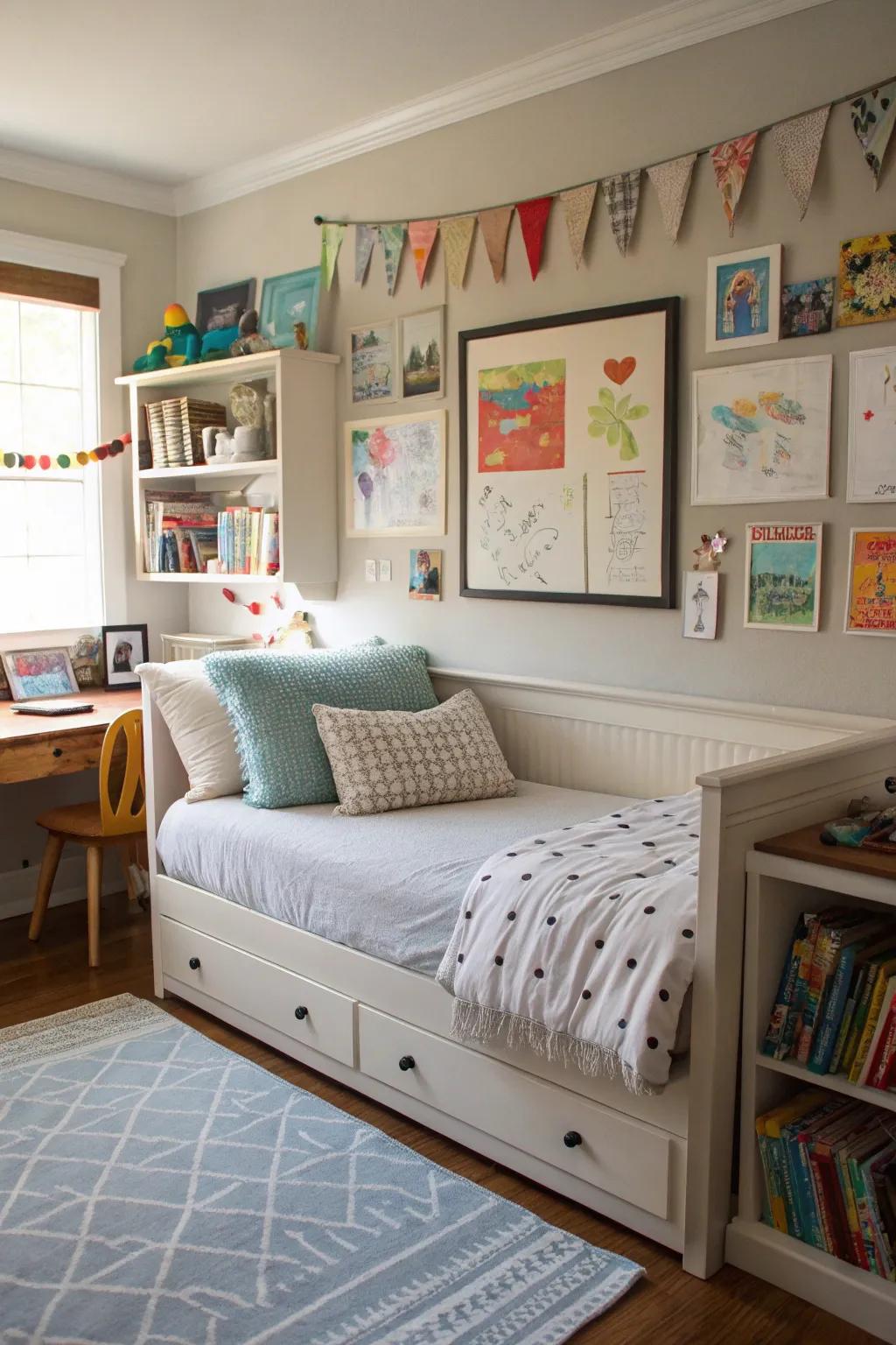 Celebrate individuality with a personalized art display over any daybed.