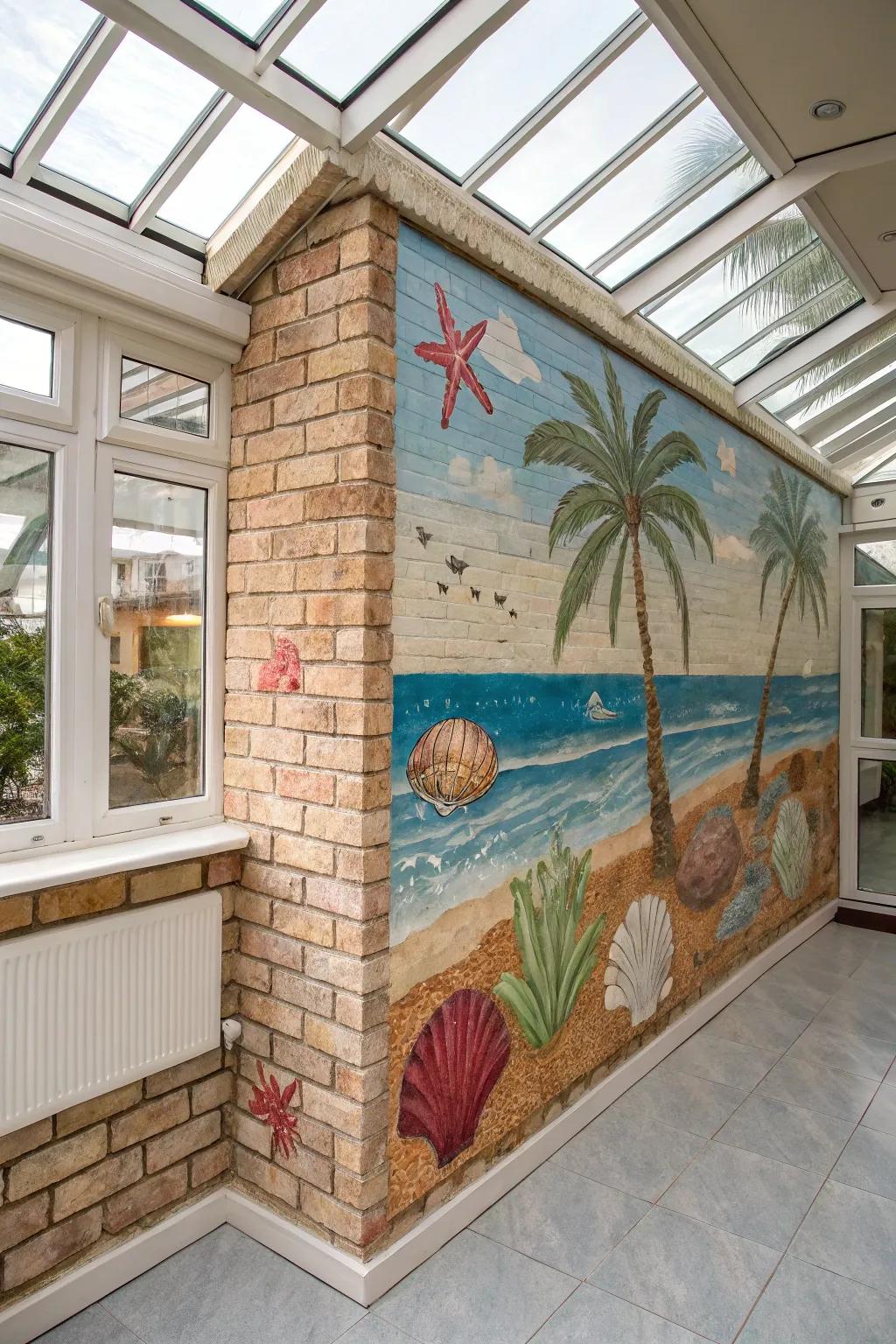 A coastal mural brings seaside vibes to a brick wall.