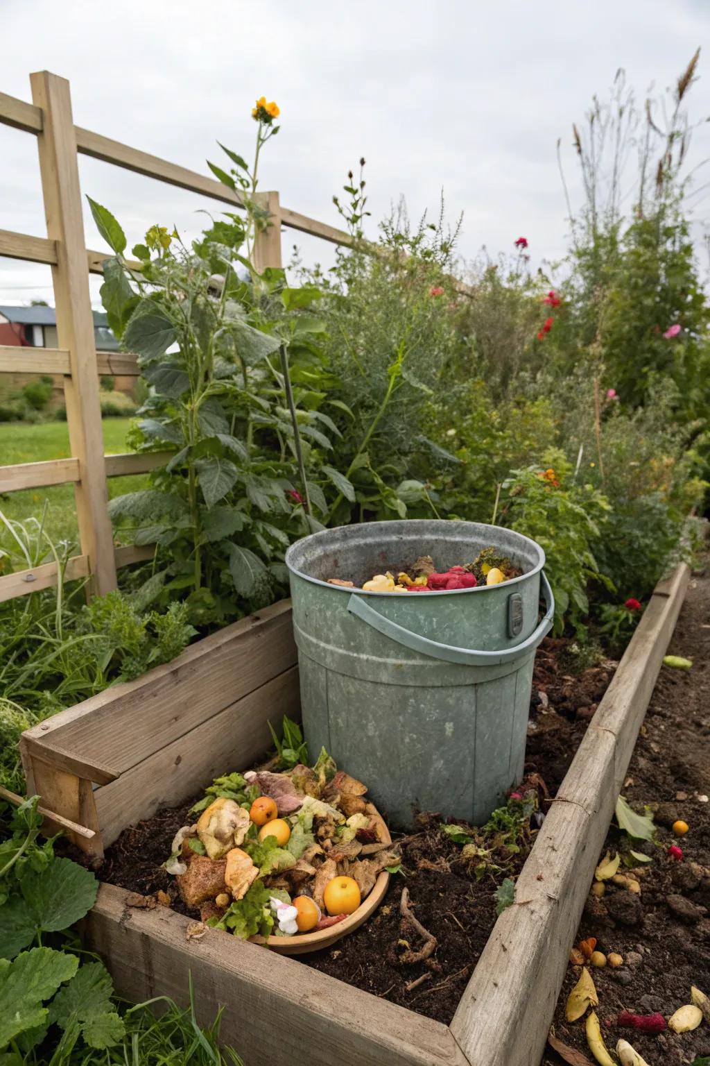 A bucket compost system enriching the garden soil.