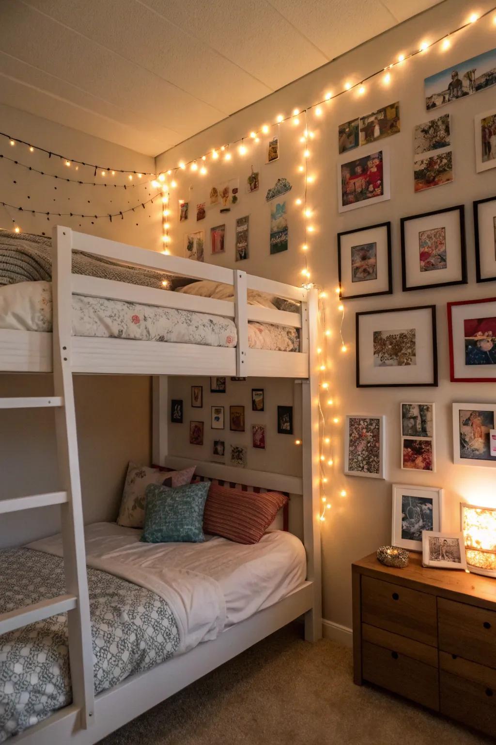 A picture wall with lights adds a personal touch.