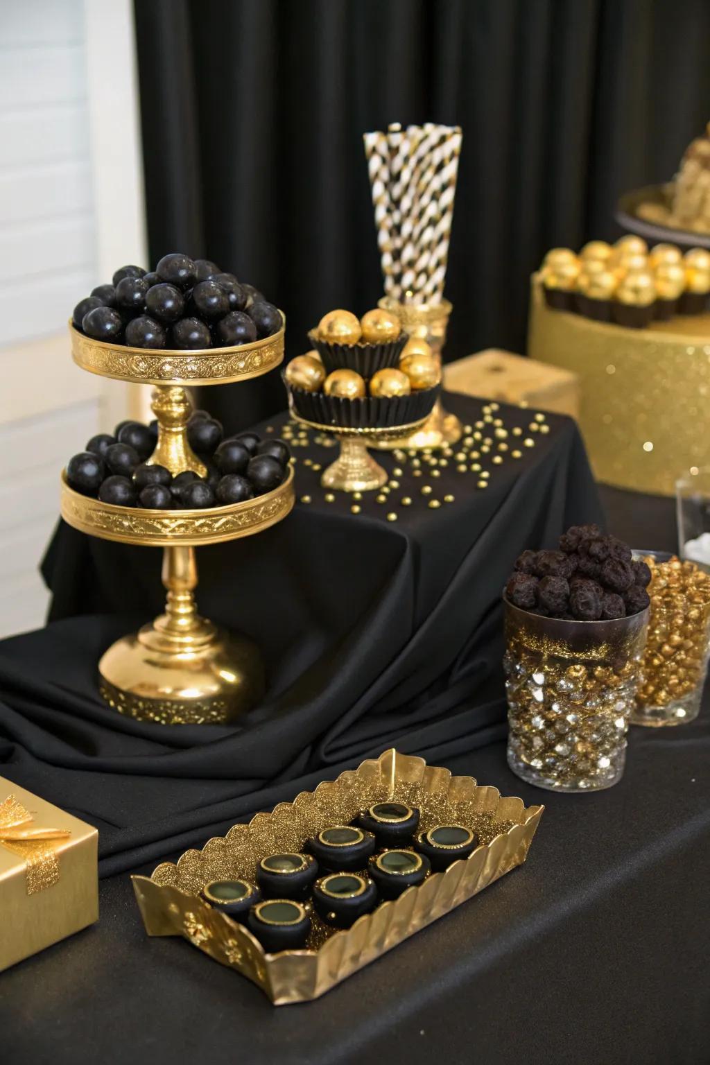 A glamorous candy bar that dazzles with black and gold elegance.