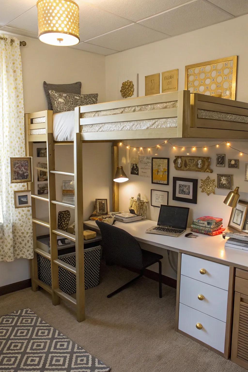 Gold accents add a sophisticated touch to your dorm decor.