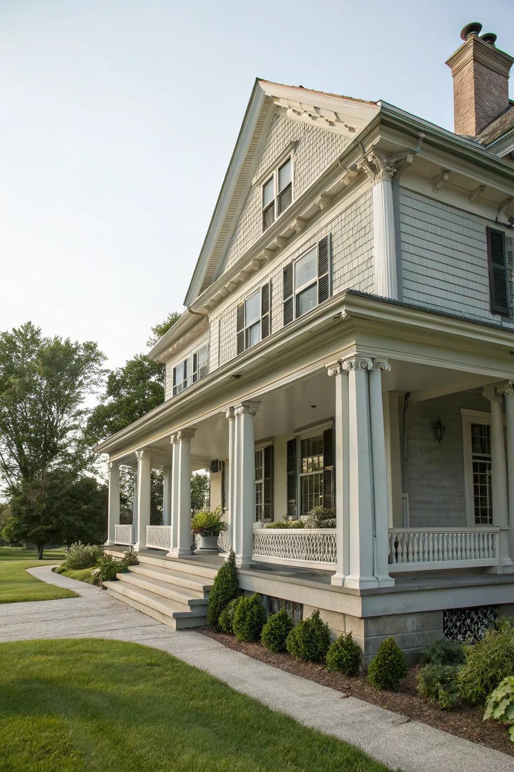 A colonial home with a soft gray façade, highlighting its stucco-clad features.