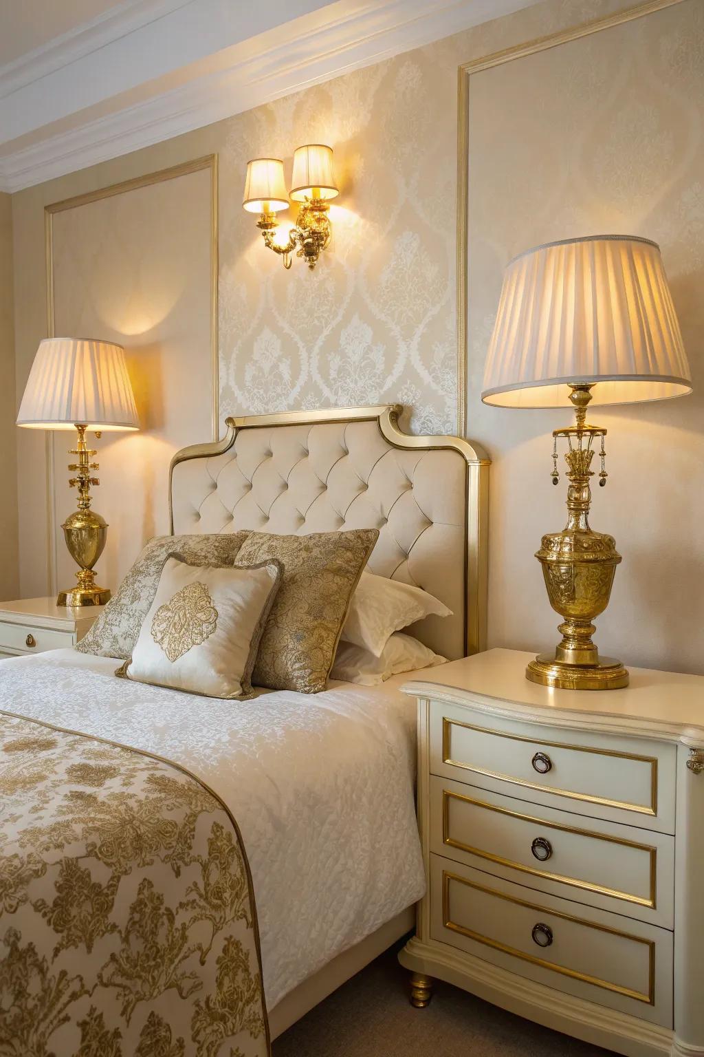 Gold lighting fixtures enhance the room's opulence and warmth.