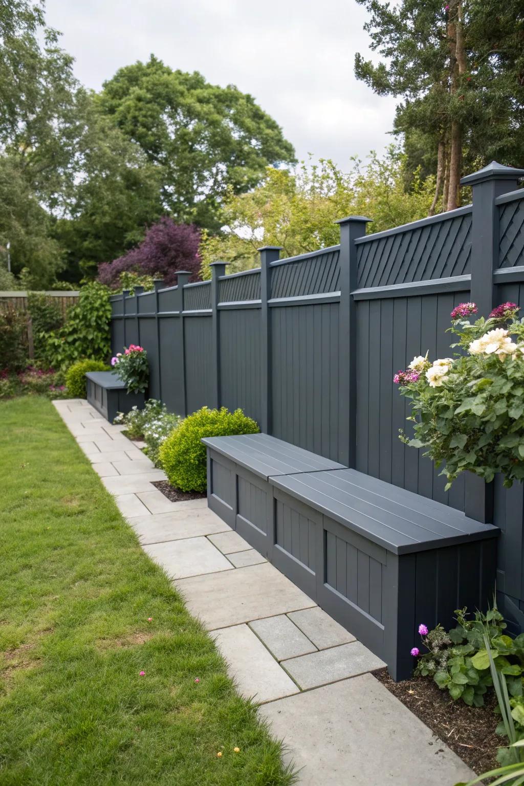 A dark grey fence with built-in benches offers seating and storage solutions.