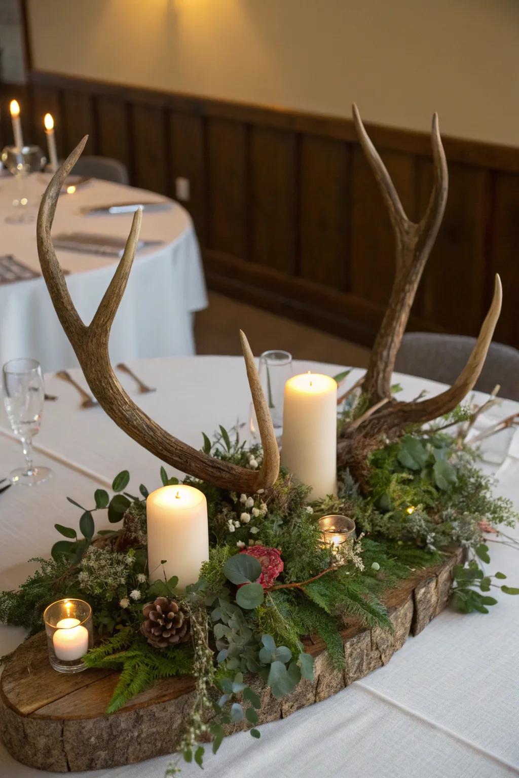 A rustic table centerpiece with deer antlers, candles, and greenery sets a festive dining scene.