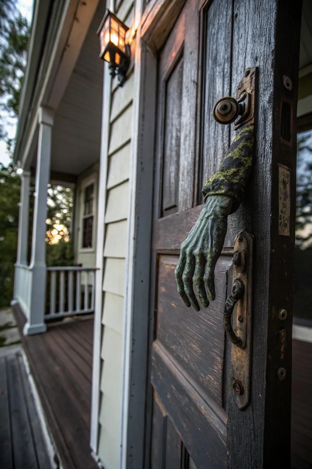 A zombie hand door knocker adds a spooky touch.