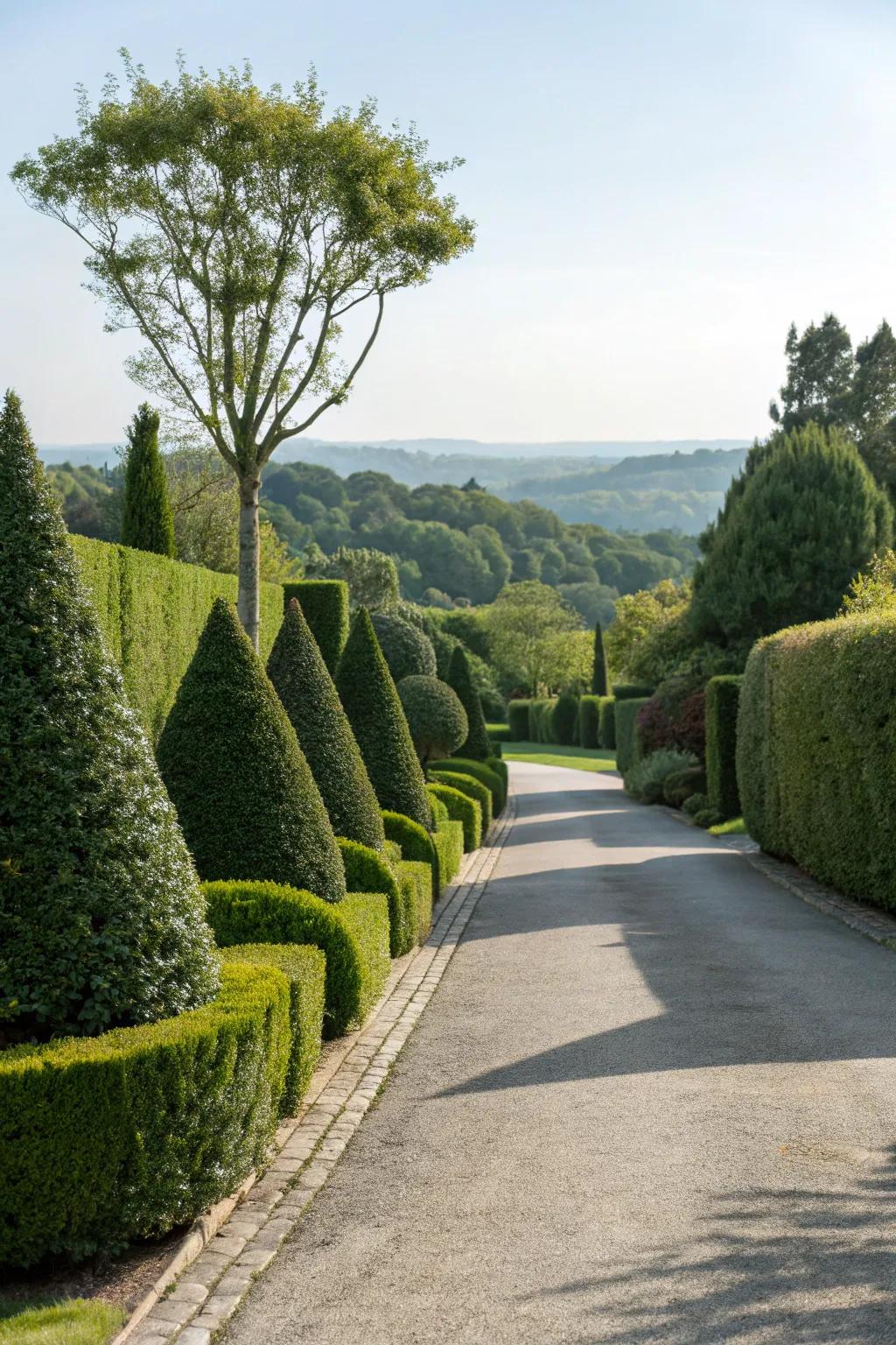 Geometric hedges making a bold and artistic statement along a driveway.