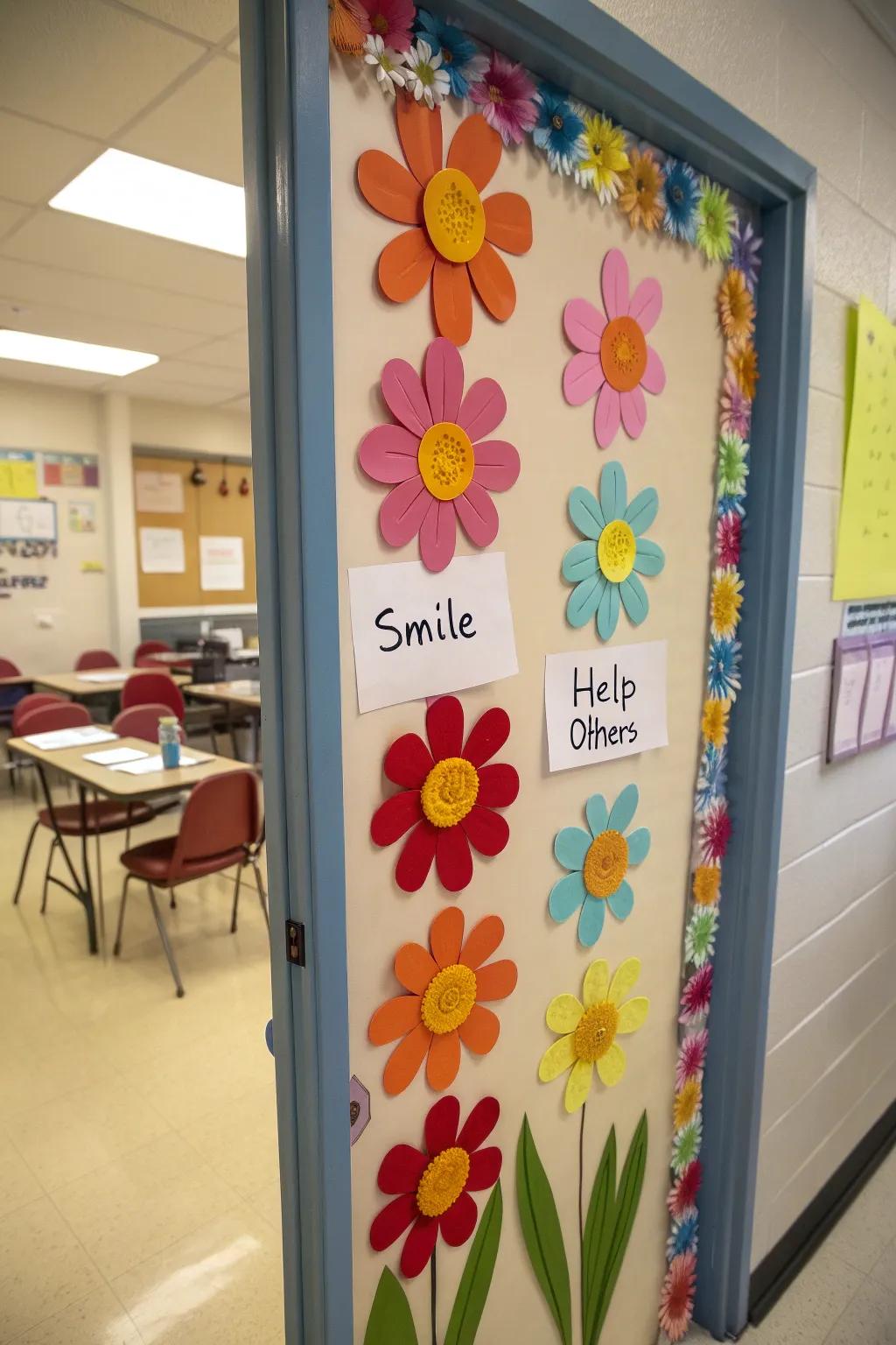 A garden of kindness blooms on this classroom door, promoting compassion and warmth.
