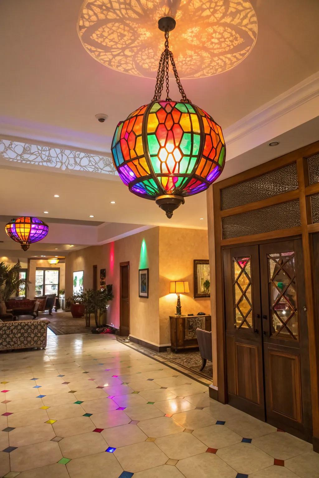 Colorful lighting adds a burst of energy to this foyer.