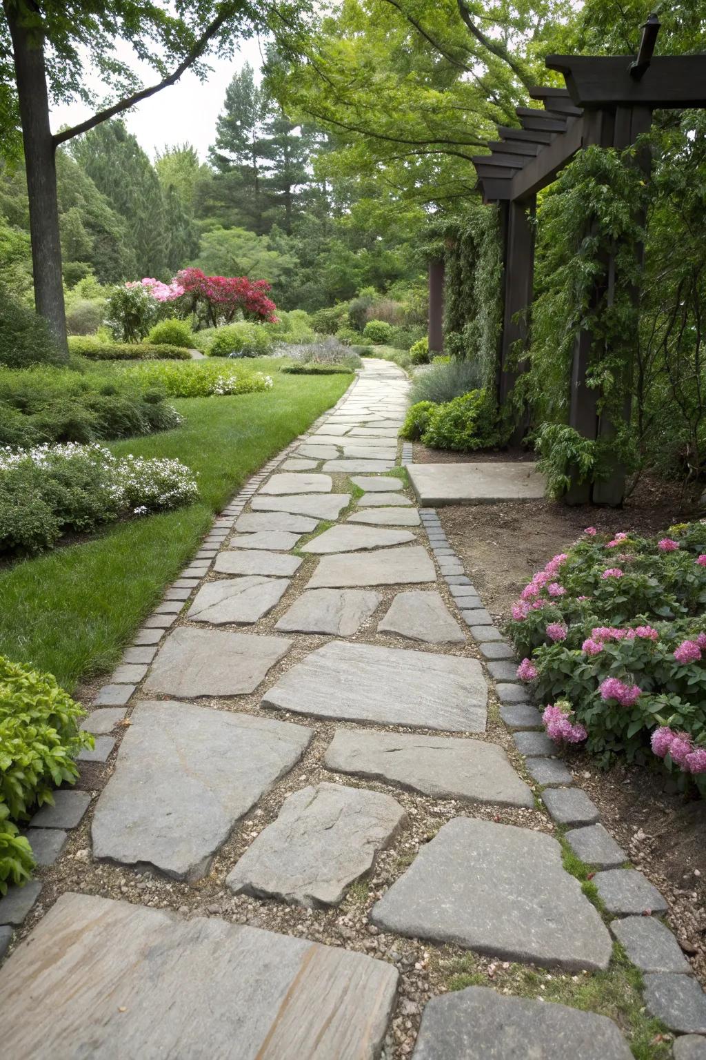 Symmetrical flagstone path offering a sense of balance and tranquility.