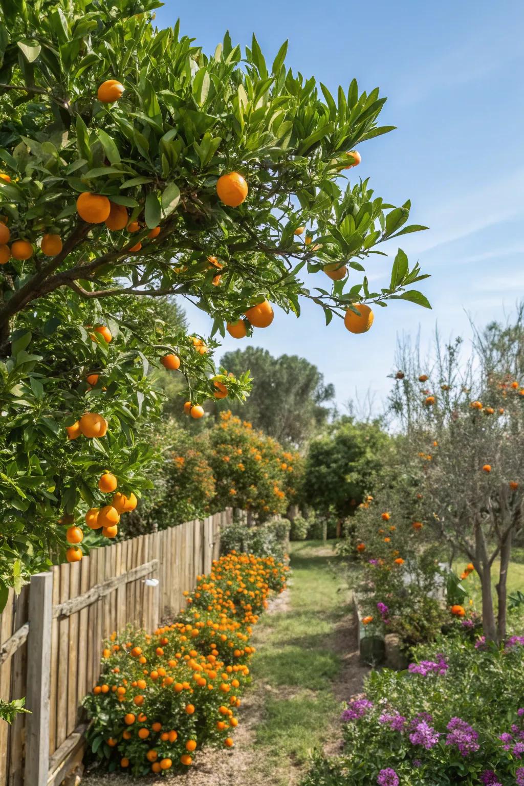 Citrus trees provide fresh fruit and vibrant color.