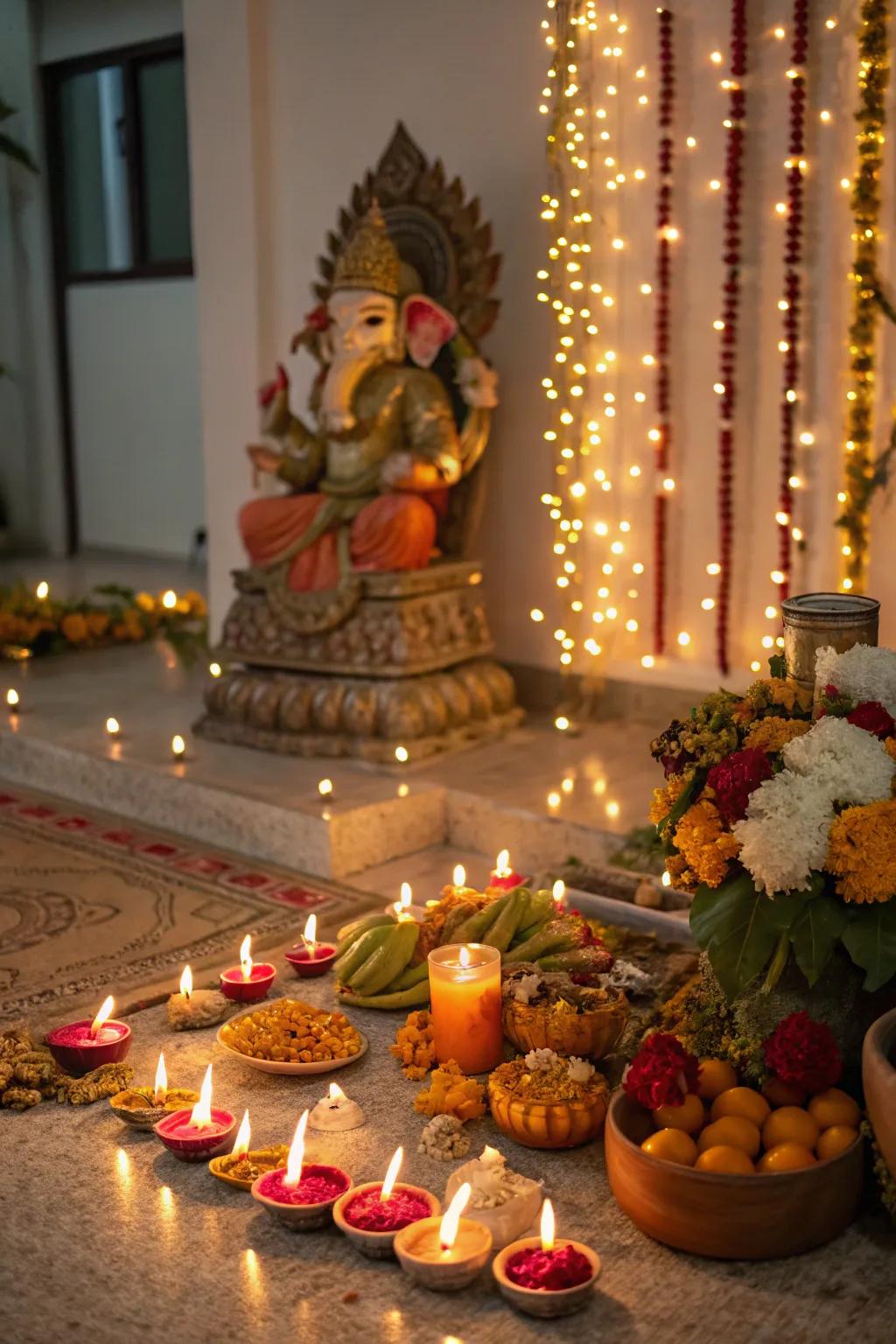 Candles and diyas casting a warm glow, enhancing the festive mood of the celebrations.