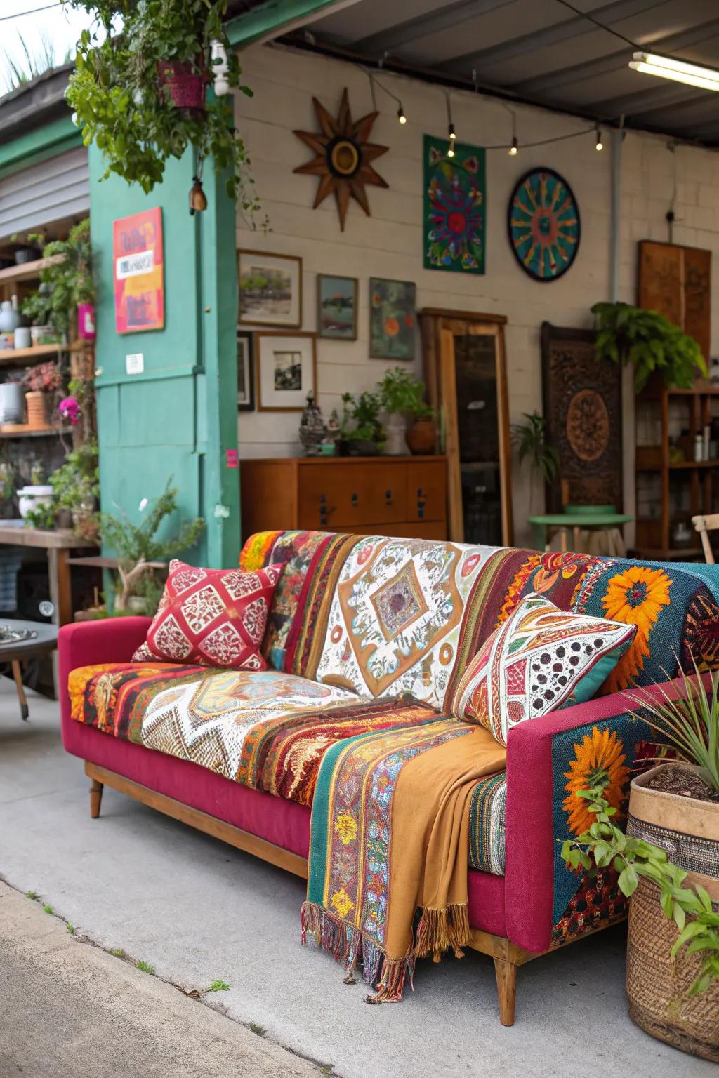 A bohemian couch adds color and vibrancy to your garage space.