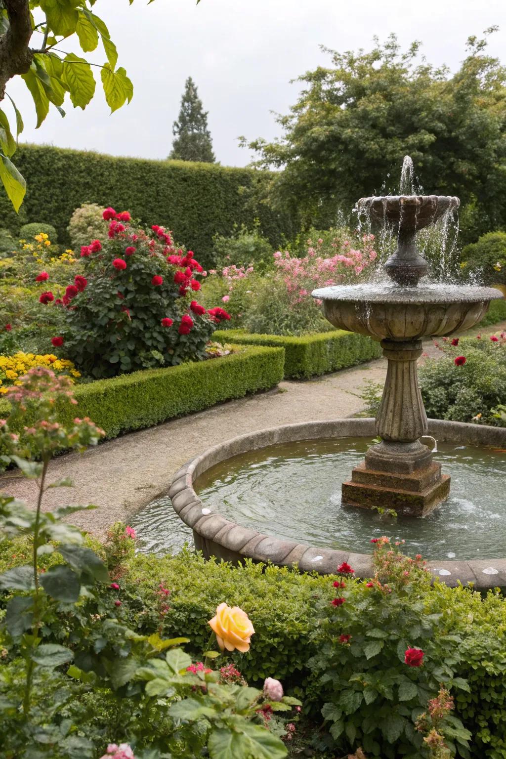 A calming garden space enhanced by the presence of a water feature.