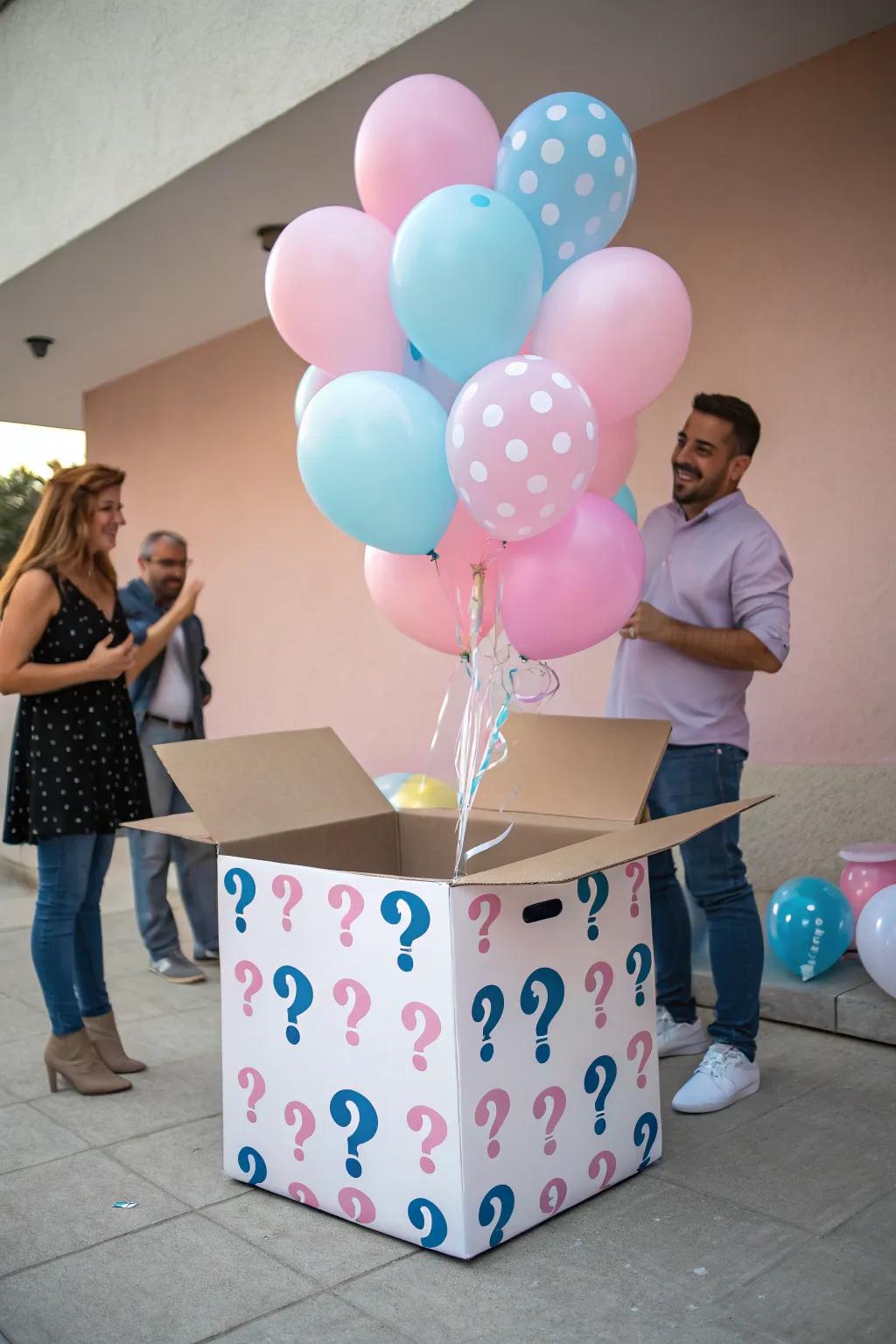 A surprise box packed with balloons, promising an exhilarating revelation.