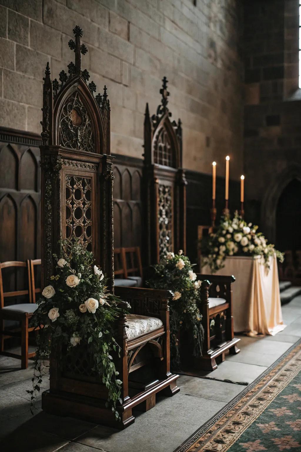 A gothic wedding seating arrangement with vintage ornate chairs.