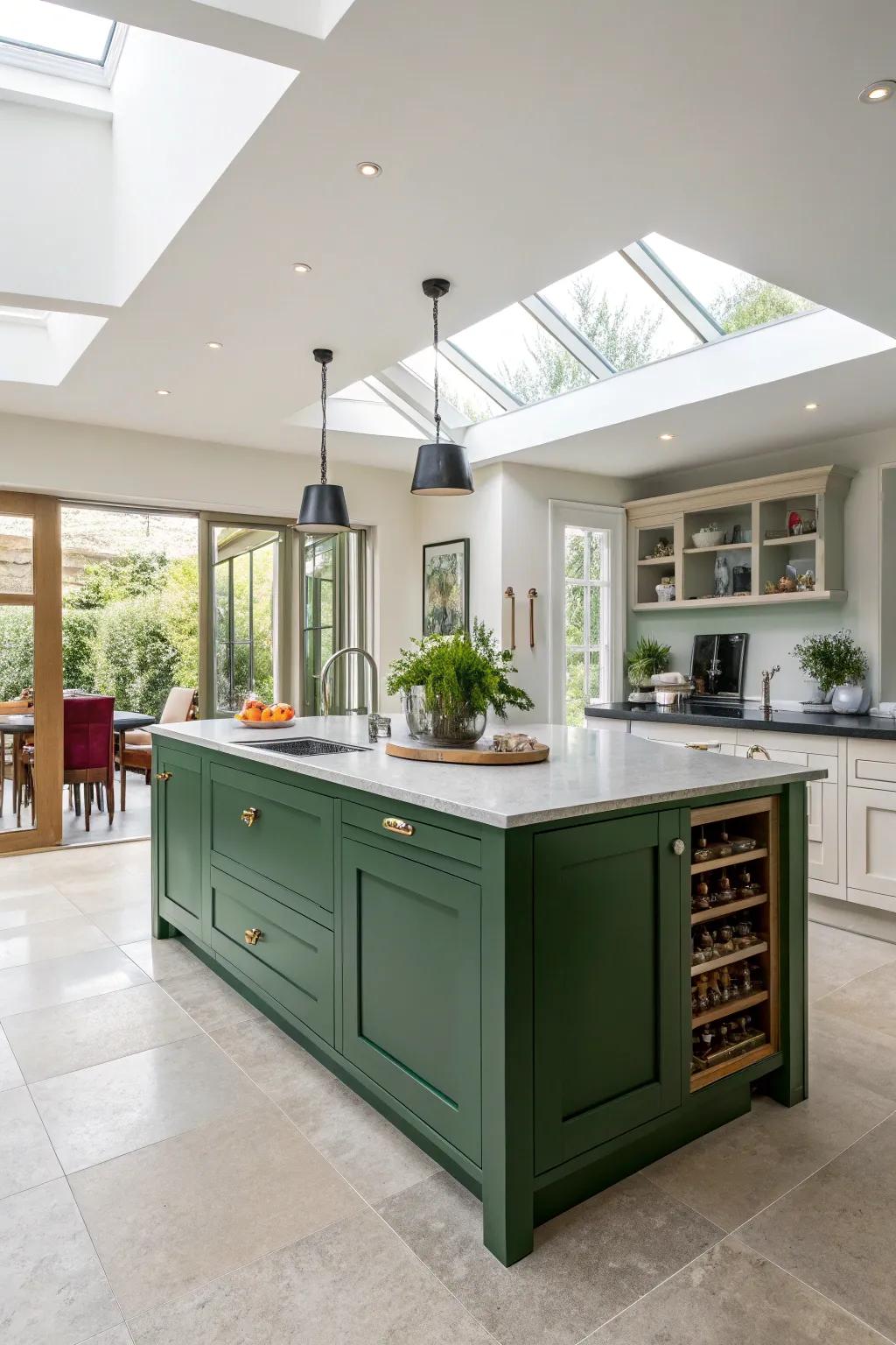 A green island serving as a stunning centerpiece in an open kitchen.