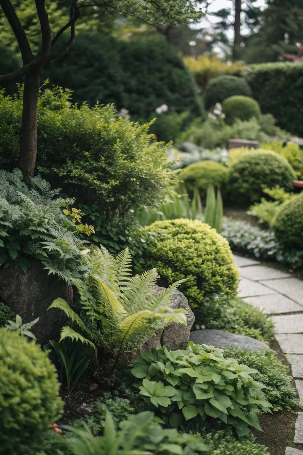 A relaxing single-hue green garden showcasing diverse plant textures.